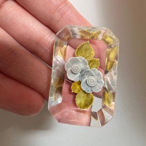 Clear Vintage Lucite Blue Flower Estate Brooch